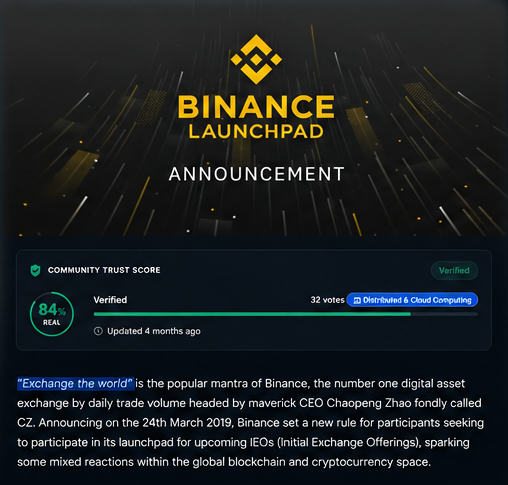 Reference image showing Binance Launchpad announcement and the phrase Exchange the world