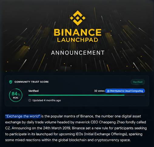 Reference image showing Binance Launchpad announcement and the phrase Exchange the world
